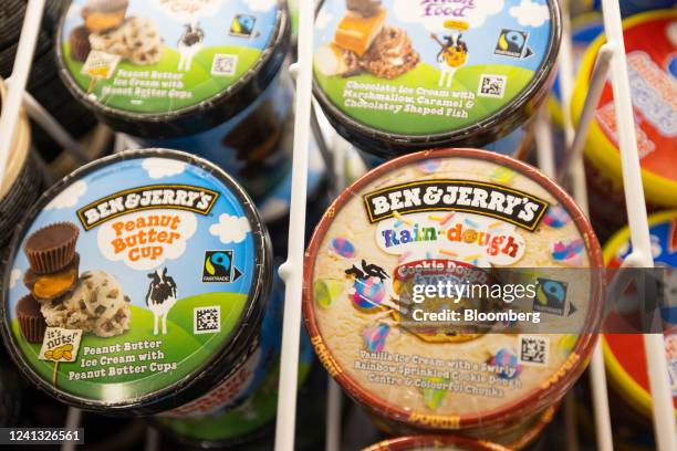 Tubs of Ben and Jerry's ice cream, manufactured by Unilever Plc, in a freezer at an Iceland Foods Ltd. Supermarket in Christchurch, UK, on Wednesday,...