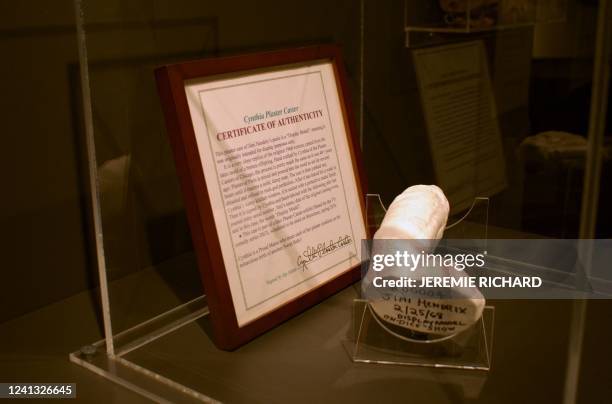 This photo taken on June 14, 2022 shows a glass case with a plaster cast of the erect penis of legendary rock guitarist Jimi Hendrix at The Icelandic...