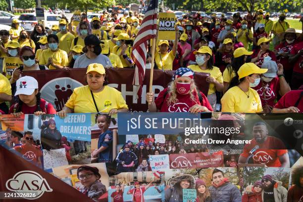 Immigration advocates rally to urge Congress to pass permanent protections for DACA recipients and create a pathway to citizenship, near the U.S....