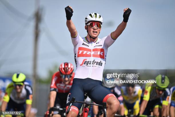 Danish Mads Pedersen of Trek-Segafredo celebrates as he crosses the finish line to win the first stage of the Baloise Belgium Tour cycling race,...