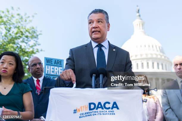 Sen. Alex Padilla, D-Calif., speaks during a rally to urge Congress to pass the DREAM Act on the 10th anniversary of its creation, outside the U.S....