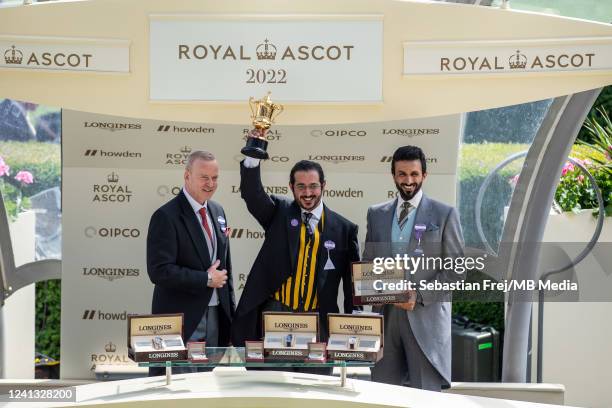 Members of the Bahraini royal family Khalid bin Hamad Al Khalifa and Sheikh Nasser bin Hamad Al Khalifa with Queen's Vase trophy during Royal Ascot...