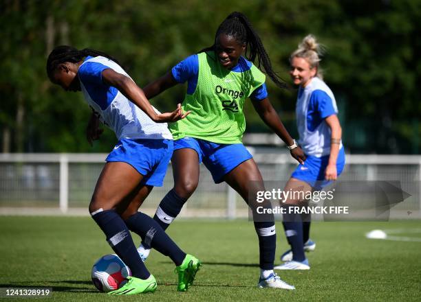 France's defender Griedge Mbock plays the ball during a training session as part of the team's preparation for the upcoming UEFA Euro 2022 football...