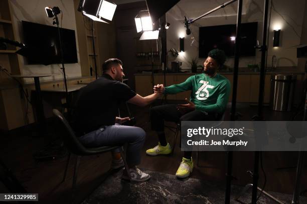 Marcus Smart of the Boston Celtics speaks to Jared Greenberg of NBATV during practice and media availability as part of the 2022 NBA Finals on June...