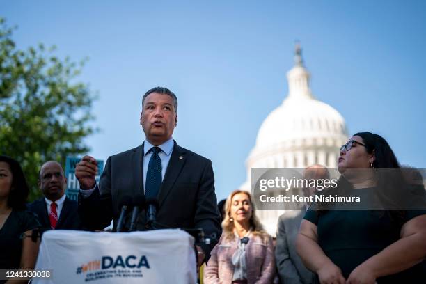 Sen. Alex Padilla speaks during a news conference marking the 10th anniversary of the passing of Deferred Action for Childhood Arrivals , on Capitol...