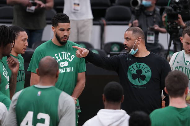 Ime Udoka, head coach of the Boston Celtics speaks during 2022 NBA Finals Practice and Media Availability on June 15, 2022 at the TD Garden in...
