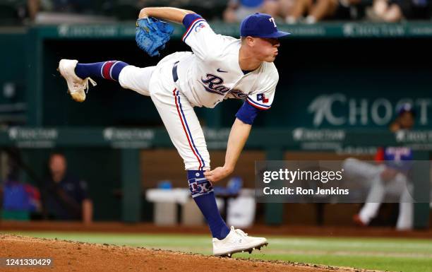 Kolby Allard of the Texas Rangers delivers against the Houston Astros during the fourth inning at Globe Life Field on June 15, 2022 in Arlington,...