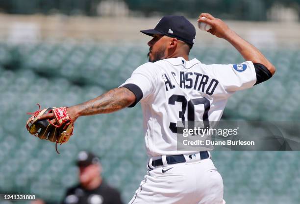 Harold Castro of the Detroit Tigers, position player, pitches against the Chicago White Sox during the seventh inning at Comerica Park on June 15 in...