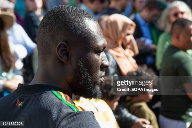 British rapper Stormzy at multi-faith service at the base of Grenfell Tower to remember the 72 people who died there five years ago. Grenfell Tower...