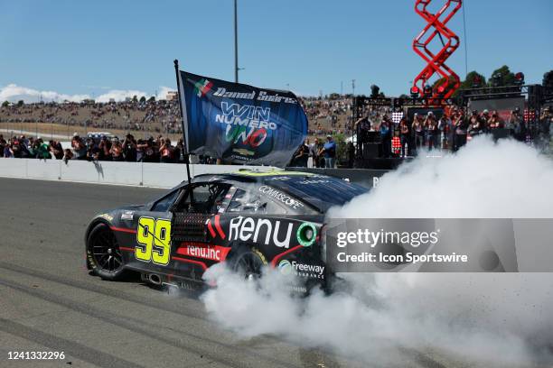 Daniel Suarez celebrates with a burnout after winning the NASCAR Cup Series Toyota/Save Mart 350 on June 12 at Sonoma Raceway in Sonoma, CA.