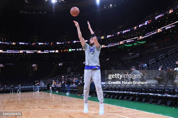 Klay Thompson of the Golden State Warriors shoots during 2022 NBA Finals Practice and Media Availability on June 15, 2022 at the TD Garden in Boston,...