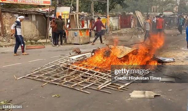 Youth set fire and protest at various places against 'Agneepath Scheme' implemented in armed forces on June 15, 2022 in Muzaffarpur, India.