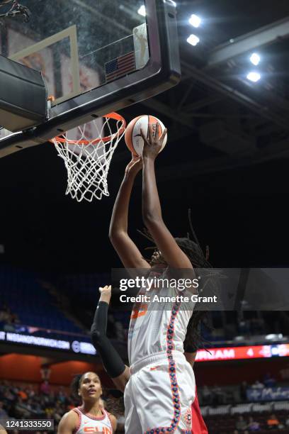 Jonquel Jones of the Connecticut Sun shoots the ball during the game against the Atlanta Dream on June 15, 2022 at Mohegan Sun Arena in Uncasville,...