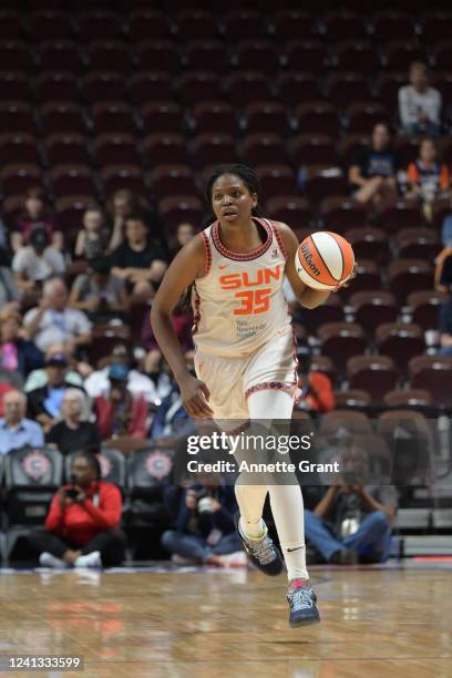 Jonquel Jones of the Connecticut Sun handles the ball during the game against the Atlanta Dream on June 15, 2022 at Mohegan Sun Arena in Uncasville,...