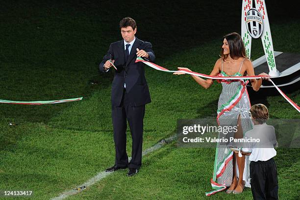 Juventus President Andrea Agnelli cuts the ribbon during the ceremony of inauguration of the new stadium of FC Juventus ahead of the pre season...