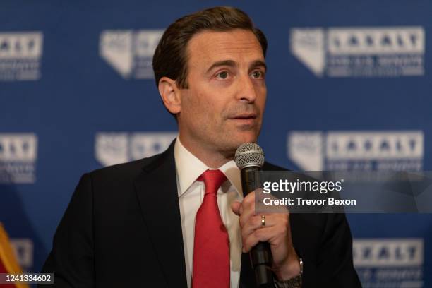 Republican candidate for U.S. Senate Adam Laxalt speaks to a crowd at an election night event on June 14, 2022 in Reno, Nevada. The former state...