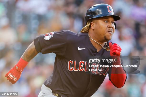 Jose Ramirez of the Cleveland Guardians runs a double against the Colorado Rockies at Coors Field on June 15, 2022 in Denver, Colorado.