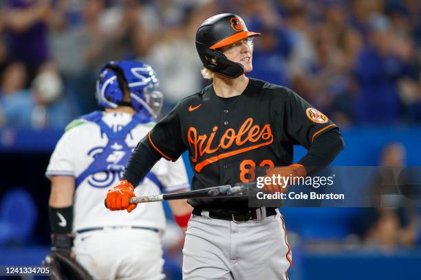 Kyle Stowers of the Baltimore Orioles strikes out in the ninth inning against the Toronto Blue Jays at Rogers Centre on June 15, 2022 in Toronto,...