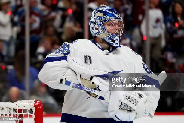 Goaltender Andrei Vasilevskiy of the Tampa Bay Lightning takes to the ice prior to the third period against the Colorado Avalanche in Game One of the...