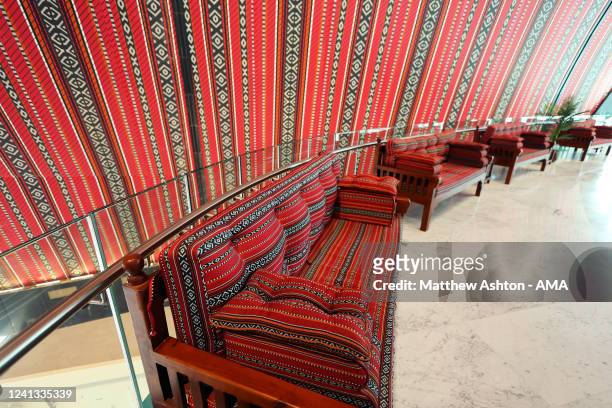 General interior view in the Al Bayt Stadium in Al Khor - the design reflecting the traditional red and white fabric in a nomadic tent - one of the...