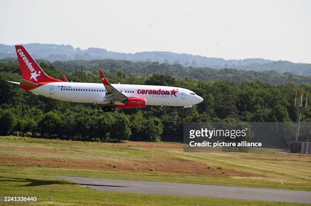 June 2022, North Rhine-Westphalia, Cologne: An airplane Boeing 737 of the Turkish airline Corendon Airlines during landing at Cologne Bonn Airport...