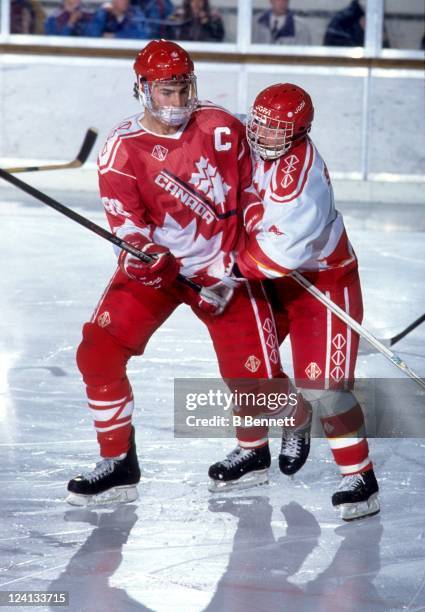 Eric Lindros of Team Canada fights for position during the 1992 World Junior Championships Finals game against the Commonwealth of Independent States...