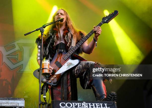 James Cartwright, bass guitarist of the British band Gloryhammer, performs on the Hades stage at the Heavy Metal Rock Festival Copenhell in...