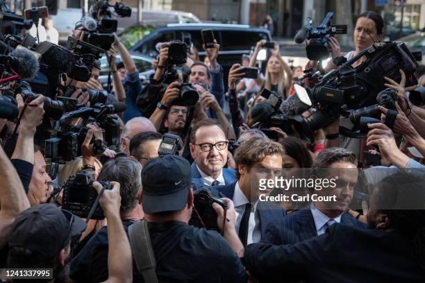 Actor Kevin Spacey arrives at Westminster Magistrates Court on June 16, 2022 in London, England. The Hollywood actor faces four counts of sexual...