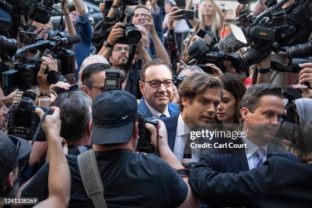 Actor Kevin Spacey arrives at Westminster Magistrates Court on June 16, 2022 in London, England. The Hollywood actor faces four counts of sexual...