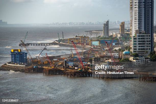 Aerial view of the ongoing Coastal Road construction work at Haji Ali, on June 13, 2022 in Mumbai, India.