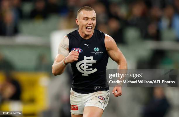 Patrick Cripps of the Blues celebrates during the 2022 AFL Round 14 match between the Richmond Tigers and the Carlton Blues at the Melbourne Cricket...