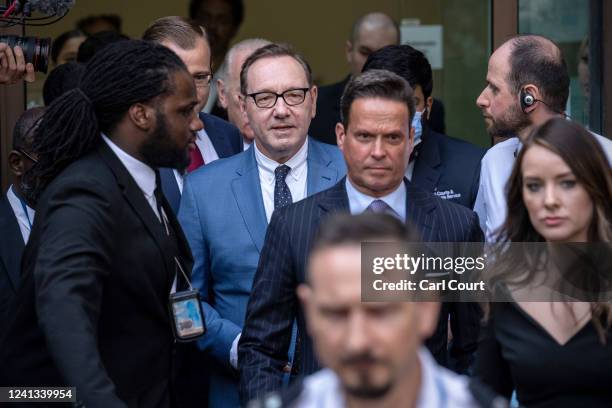 Actor Kevin Spacey leaves Westminster Magistrates Court on June 16, 2022 in London, England. The Hollywood actor faces four counts of sexual assault...