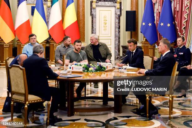 Italian Prime Minister Mario Draghi, German Chancellor Olaf Scholz, Ukrainian President Volodymyr Zelensky, French President Emmanuel Macron and...