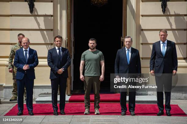 Ukrainian President Volodymyr Zelensky, France's President Emmanuel Macron, German Chancellor Olaf Scholz, Italian Prime Minister Mario Draghi and...