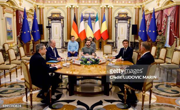 Italian Prime Minister Mario Draghi, German Chancellor Olaf Scholz, Ukrainian President Volodymyr Zelensky, French President Emmanuel Macron and...