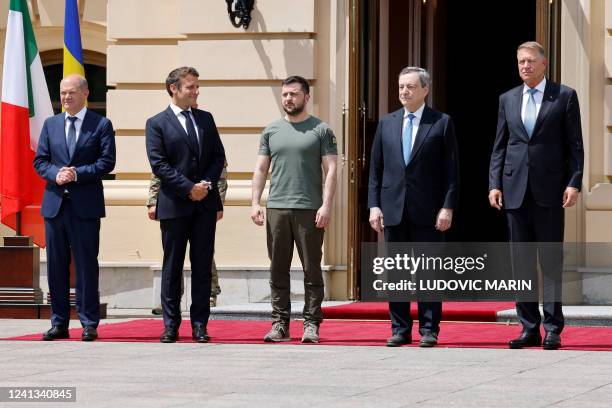 Ukrainian President Volodymyr Zelensky poses next to Germany's Chancellor Olaf Scholz, France's President Emmanuel Macron Italy's Prime Minister...