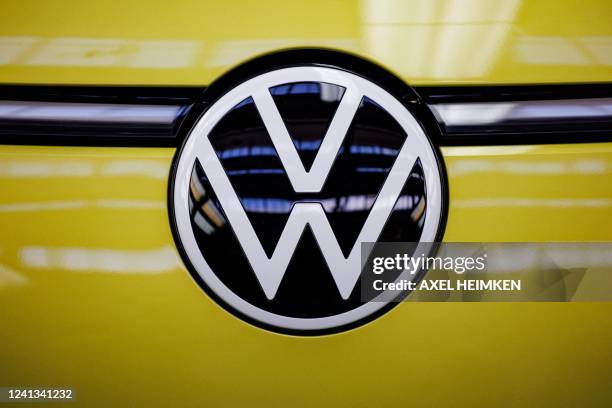 The Volkswagen logo is seen on a VW ID Buzz, the new fully electric-driven microbus of Volkswagen Commercial Vehicles, at the Volkswagen plant in...