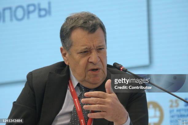 Russian State Duma Deputy Andrei Makarov speaks during a plenary meeting at the Saint Petersburg Economic Forum SPIEF 2022, on June 16, 2022 in Saint...