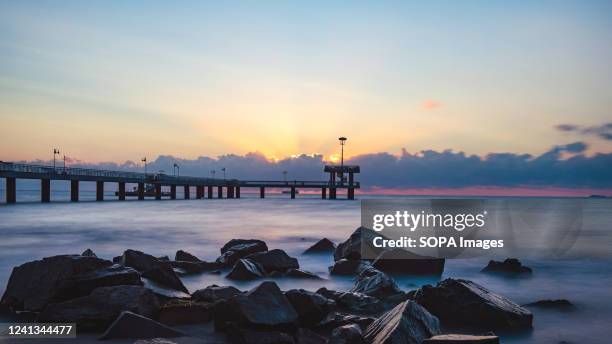 Sunrise over the Pier at the Sea Garden in the Bulgarian city of Burgas on the Black Sea coast.