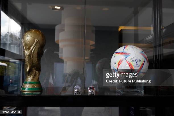 Trophies are seen during the inauguration of the diplomatic headquarters of the State of Qatar in Mexico Heading to the Qatar World Cup. On Jun 15,...