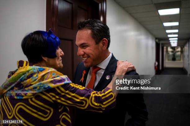 Rep. Rosa DeLauro talks with Rep. Pete Aguilar following a Democratic Party caucus meeting on Capitol Hill on Wednesday, June 8, 2022 in Washington,...