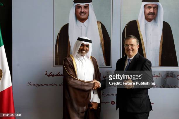 Qatari Ambassador to Mexico, Mohammed Alkuwari and Mexicos Foreign affairs minister Marcelo Ebrard, pose during the inauguration of the diplomatic...