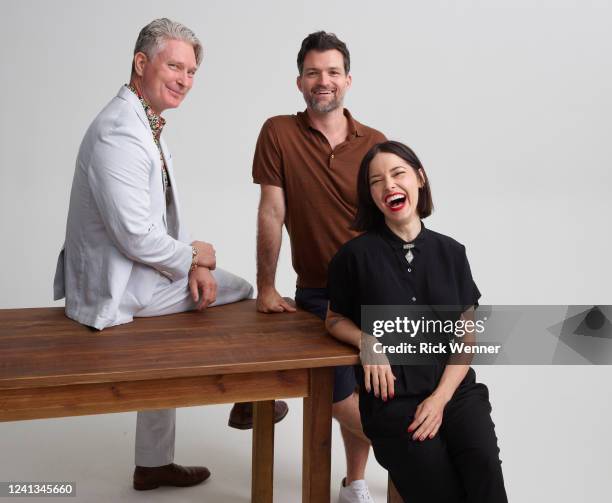 Travis Stevens, Josh Ruben and Sarah Lind from the film 'A Wounded Fawn' pose for a portrait during the 2022 Tribeca Film Festival at Spring Studio...