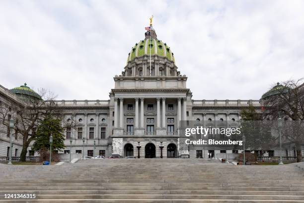 The Pennsylvania State Capitol in Harrisburg, Pennsylvania, U.S., on Wednesday, March 30, 2022. Pennsylvania's pension problems aren't isolated, but...