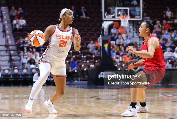 Connecticut Sun guard DiJonai Carrington and Atlanta Dream guard Destiny Slocum in action during the WNBA game between Atlanta Dream and Connecticut...