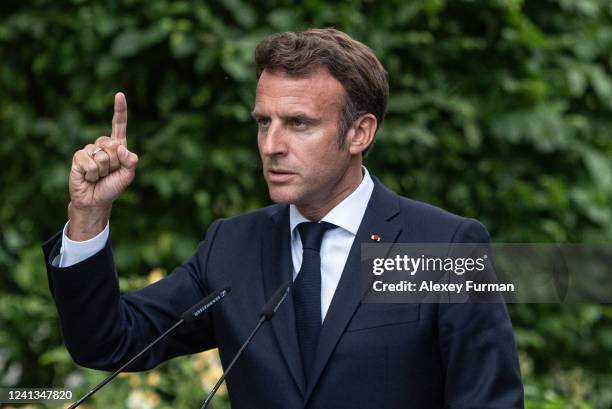 Frances President Emmanuel Macron gestures during a press conference on June 16, 2022 in Kyiv, Ukraine. The leaders made their first visits to...