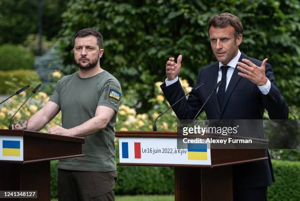 Ukrainian President Volodymyr Zelensky and Frances President Emmanuel Macron are seen during a press conference on June 16, 2022 in Kyiv, Ukraine....
