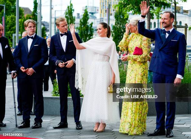 Norway's Prince Sverre Magnus , Norway's Marius Borg Hoeiby , Norway's Crown Princess Mette-Marit and Norway's Crown Prince Haakon arrive for dinner...