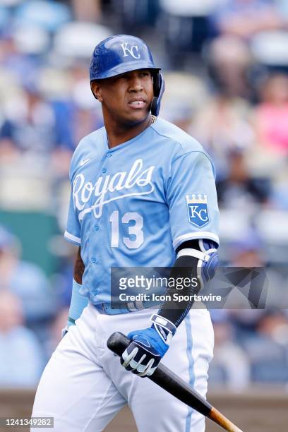Kansas City Royals designated hitter Salvador Perez looks on during an MLB game against the Toronto Blue Jays on June 8, 2022 at Kauffman Stadium in...