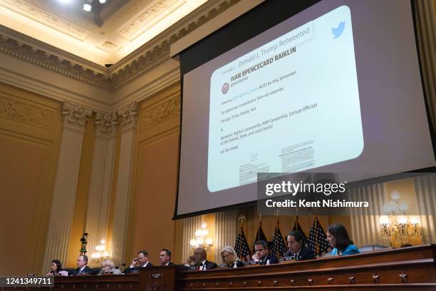 Tweets from then-President Donald Trump are shown during a House Select Committee to Investigate the January 6th hearing in the Cannon House Office...